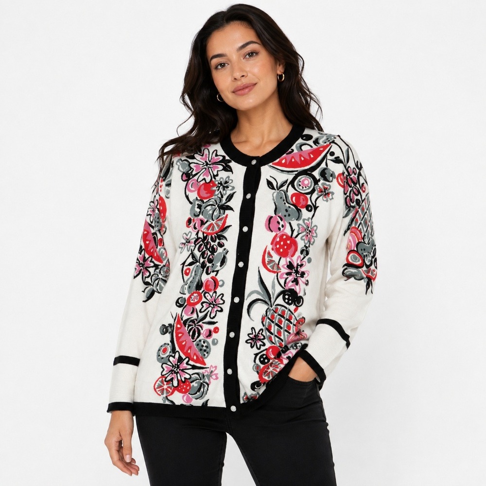 Bob Mackie Cardigan Sweater Women 2X White Fruit Floral Wearable Art A222228